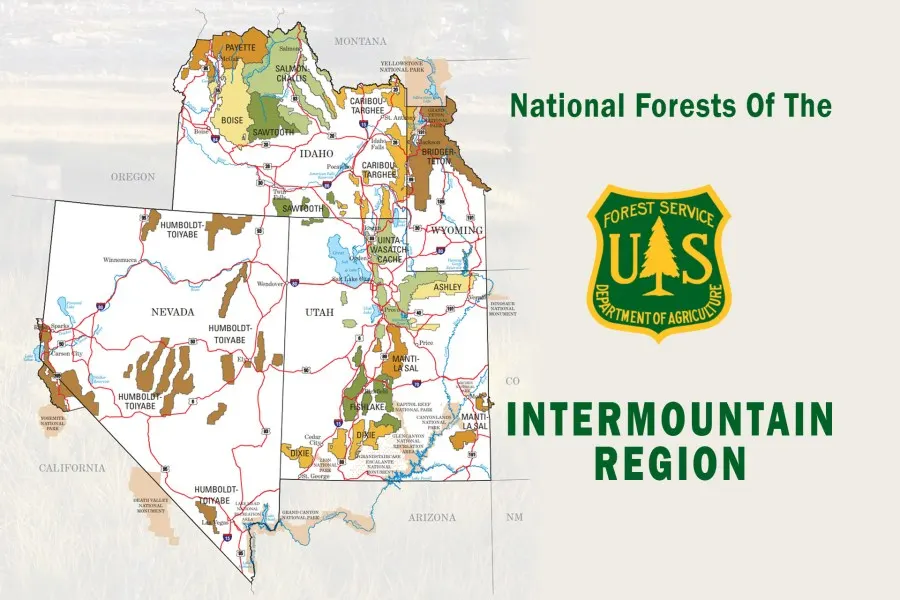 National Forests of the Intermountain Region map with the US Forest Service shield