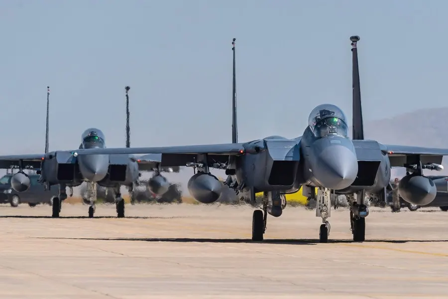 Fighter jets lined up on the flight line
