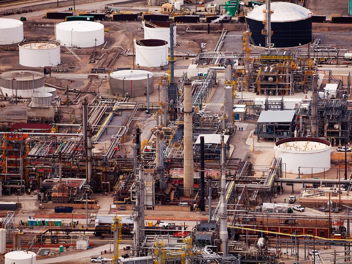 Refinery tanks and piping from above