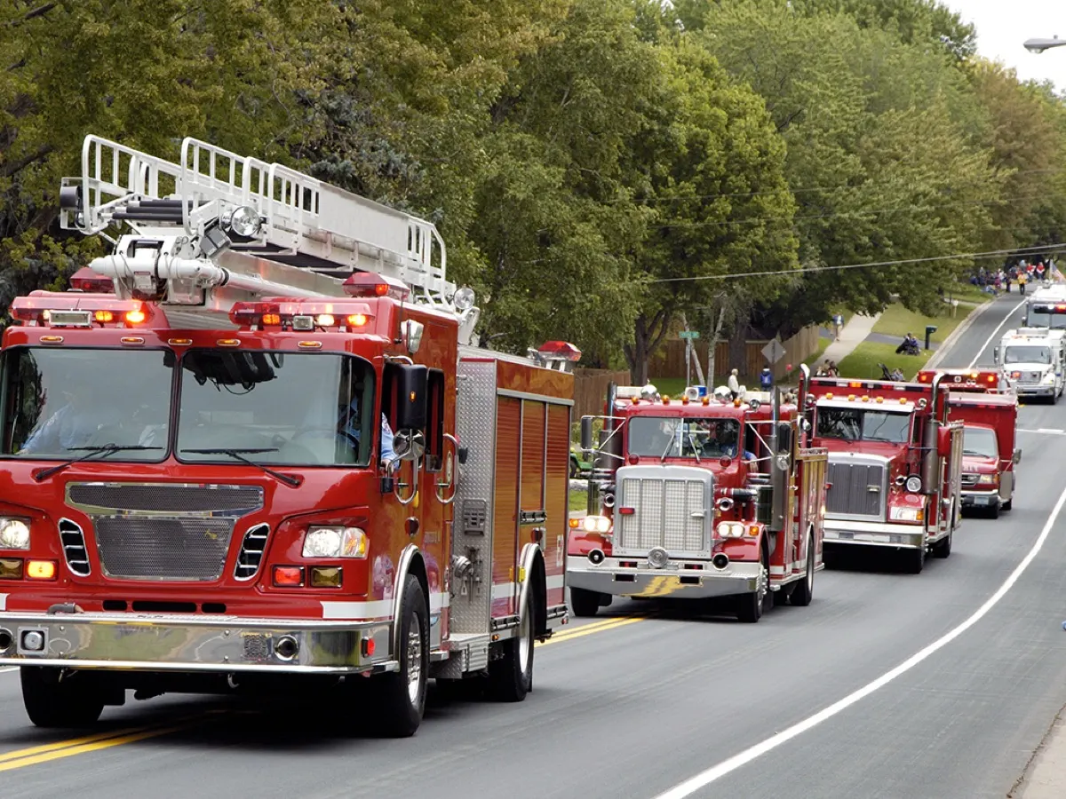 Line of fire trucks on an emergency response